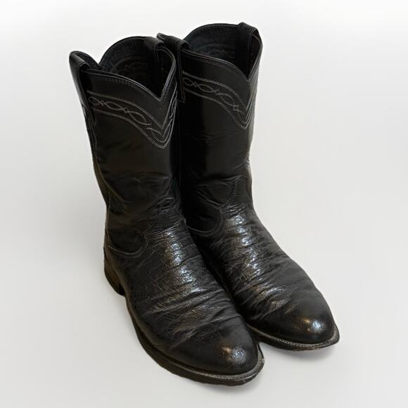 Justin Black Lizard Leather Ropers Western Cowboy Boots Size 7D - Picture 1 of 9